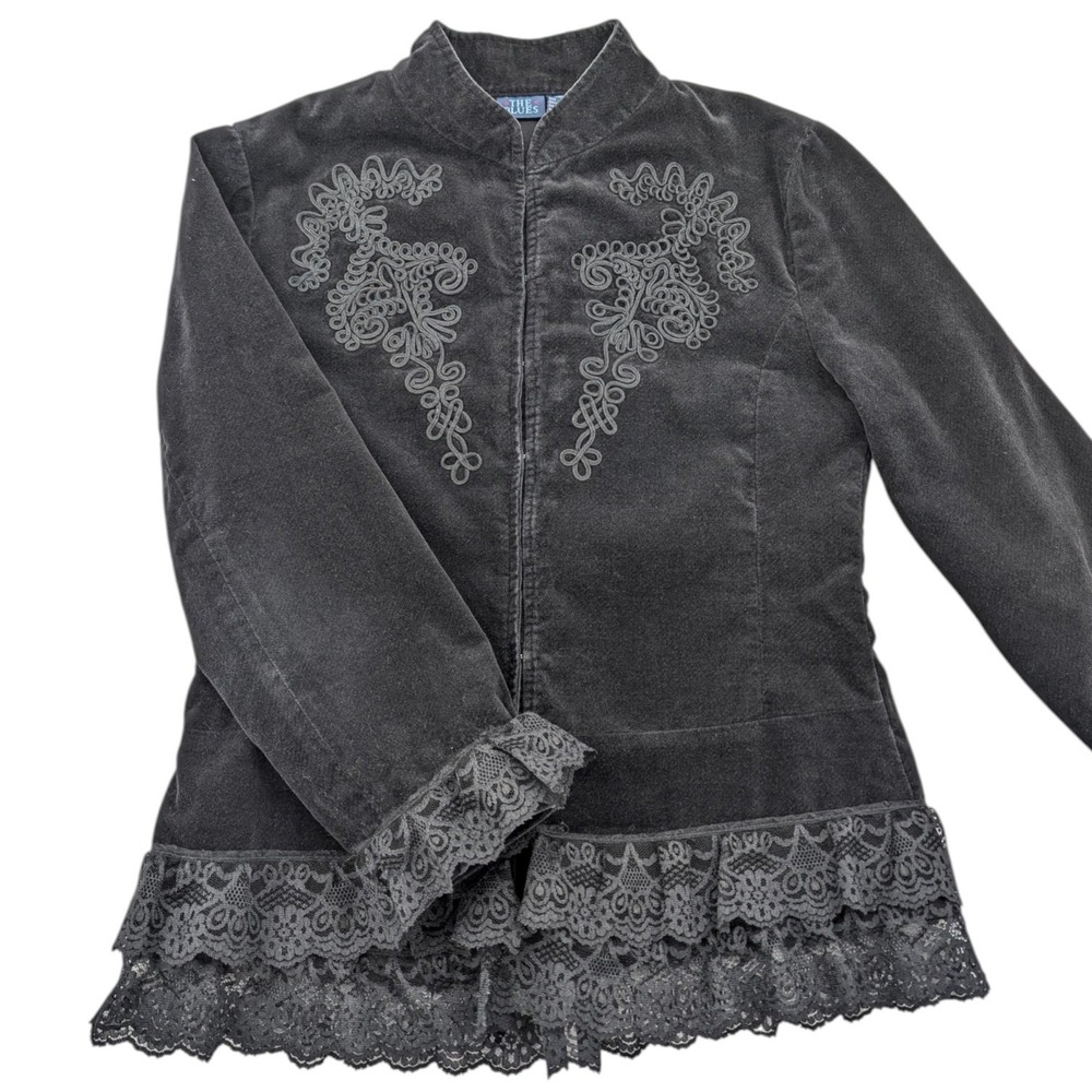 The Blues Black Velvet Lace Trim Jacket Women's M Embroidered Gothic Victorian